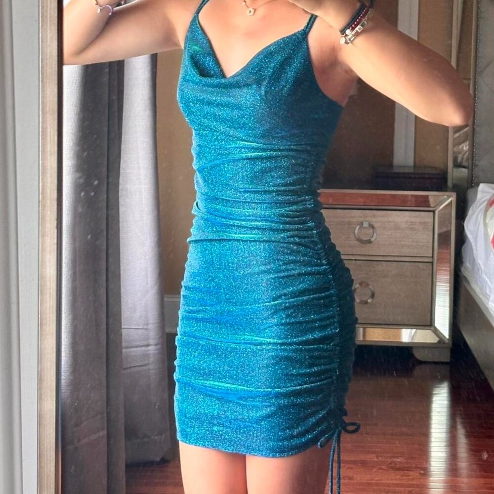 Sparkly Teal Cowl Neck Glitter Dress